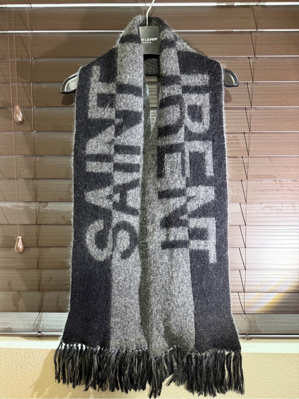 Saint Laurent Grey & Black intarsia knit logo scarf